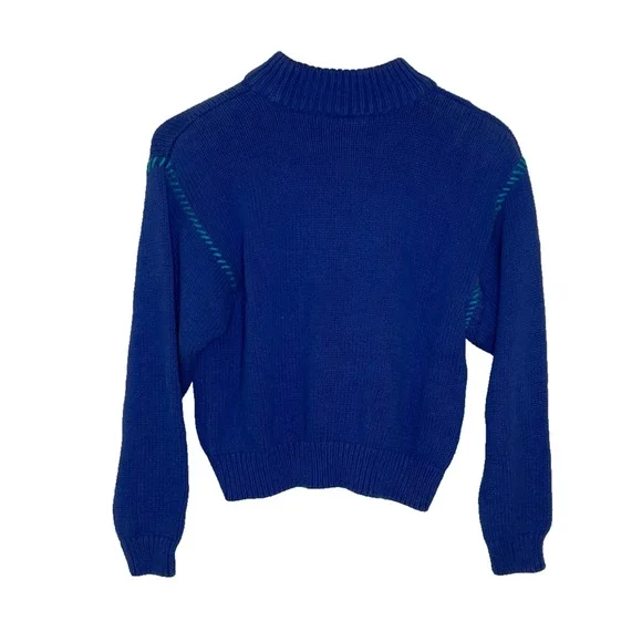 Women's Petite Small Vtg Liz Claiborne Blue Floral Knit Cotton Crop Sweater - Picture 4 of 4